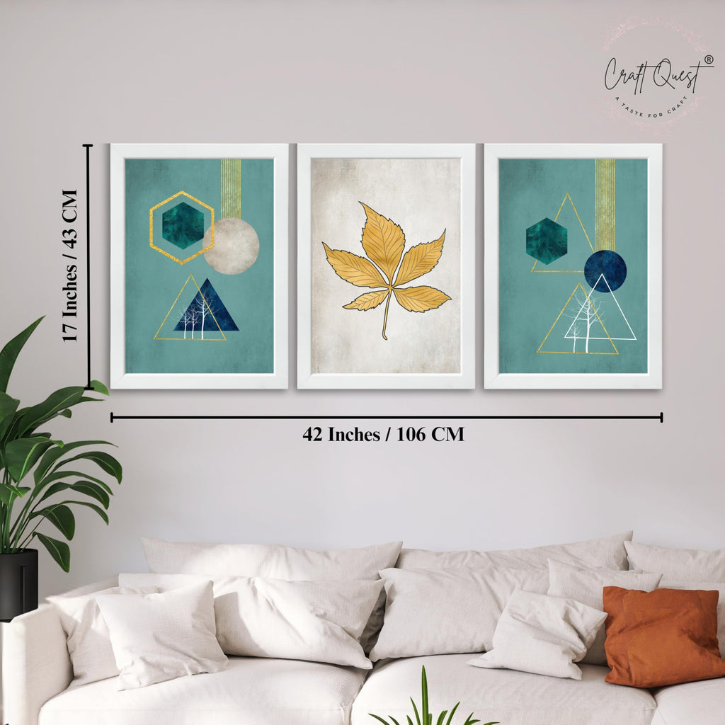 CRAFT QUEST Modern Art Shapes & Leaf Abstract | Set of 3 Frames for Home Decoration | Ideal for Living Room, Bedroom & Offices