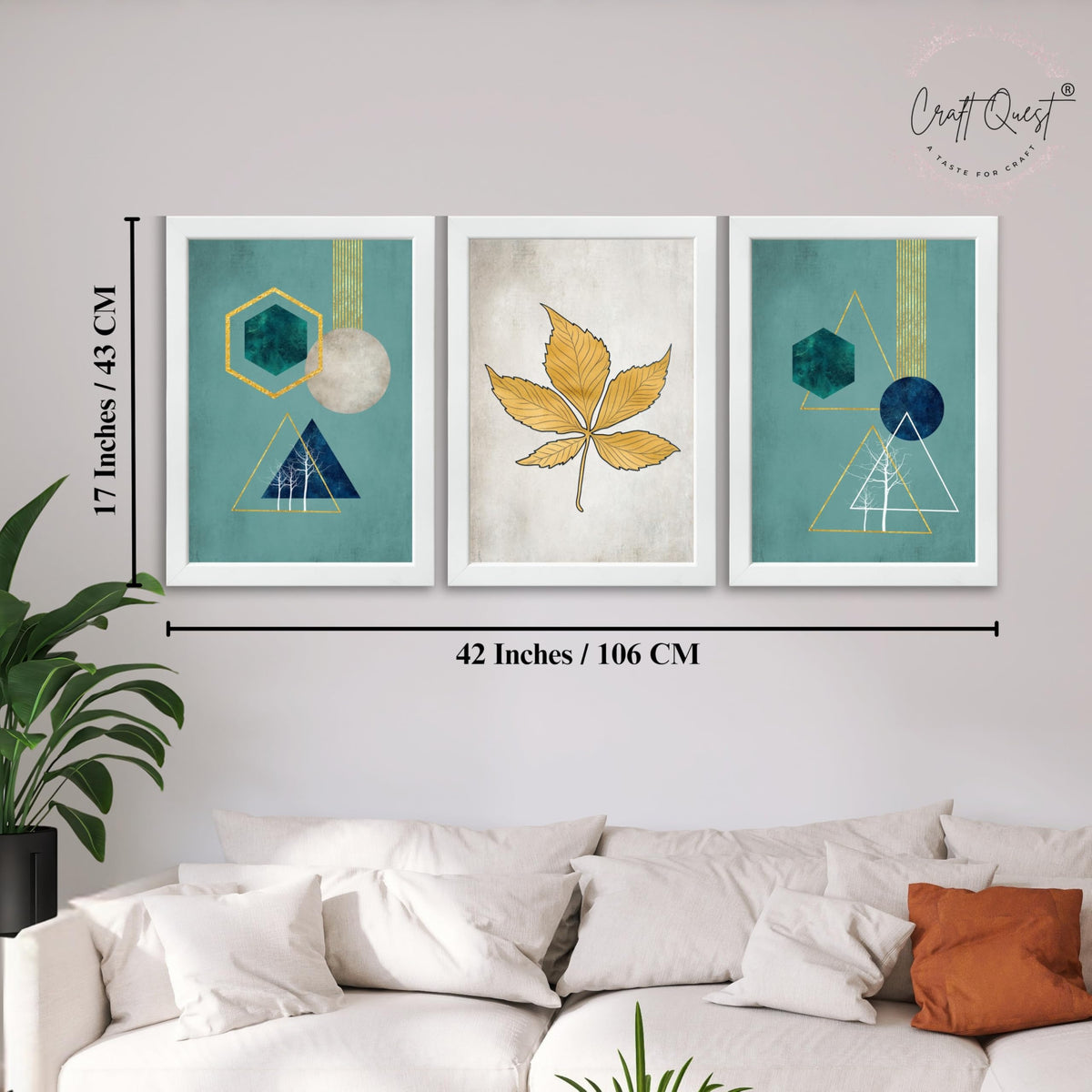 CRAFT QUEST Modern Art Shapes & Leaf Abstract | Set of 3 Frames for Home Decoration | Ideal for Living Room, Bedroom & Offices