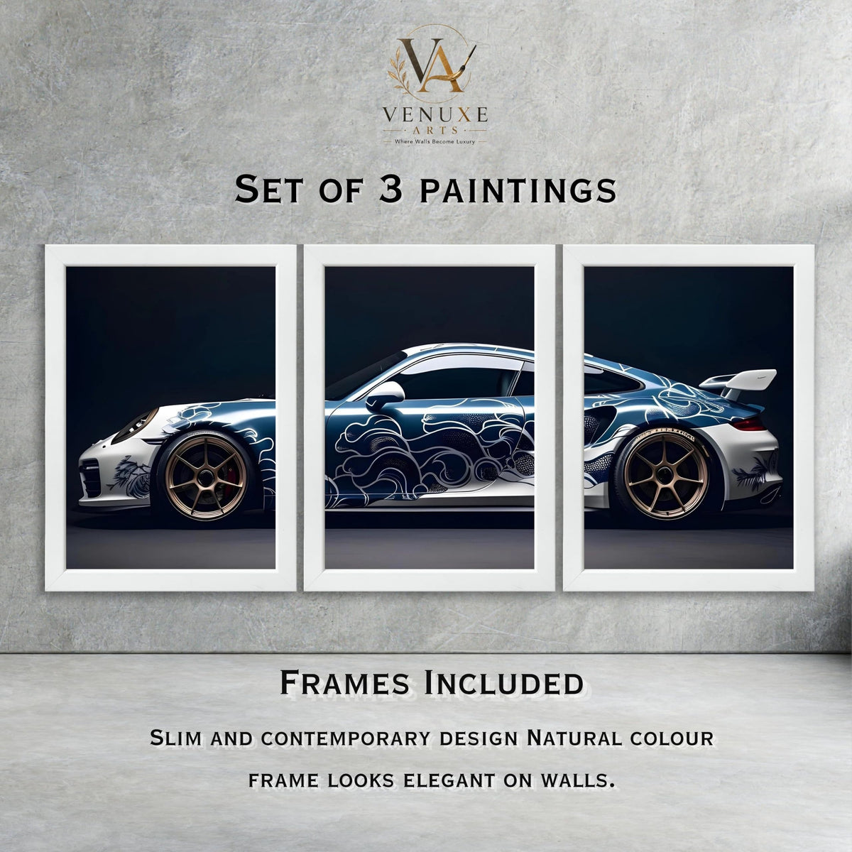 VENUXE ARTS Set Of 3 Big Sports Cars Framed Posters Gift Items for Boys Room Wall Decoration Bedroom Living Room Office Studio Décor | Car Poster Frame for Wall Décor