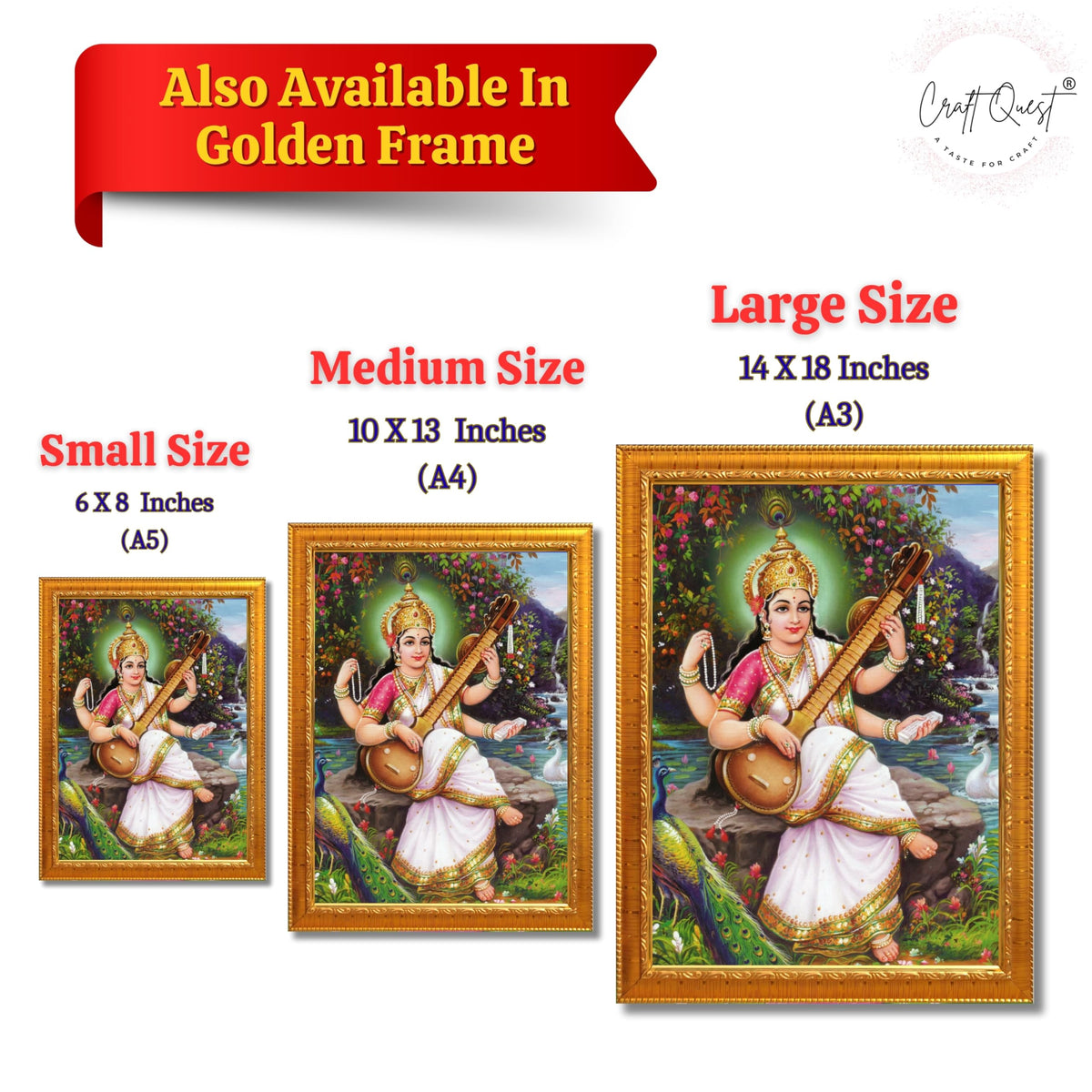 CRAFT QUEST Saraswati Devi Goddess Saraswathi Maa Wall Painting Framed Home Décor Synthetic wooden Framed