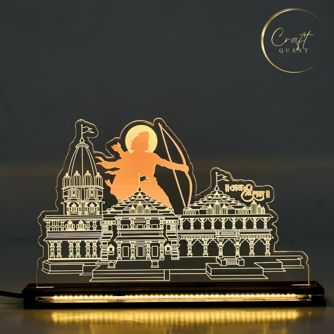 Craft Quest Shri Ram Mandir Ayodhya Model 2024 Photo Frame with LED Light Base - Table Top, 2D HD UV Acrylic Print - Unique Gifting, Home Decoration