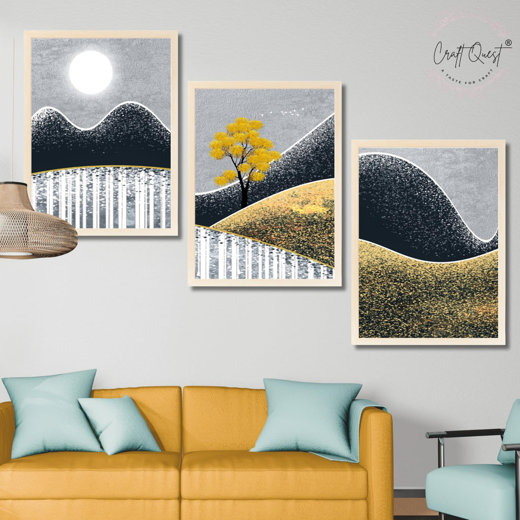 CRAFT QUEST Modern Abstract Landscape Art | Set of 3 Frames for Home Decoration | Ideal for Living Room, Bedroom & Offices