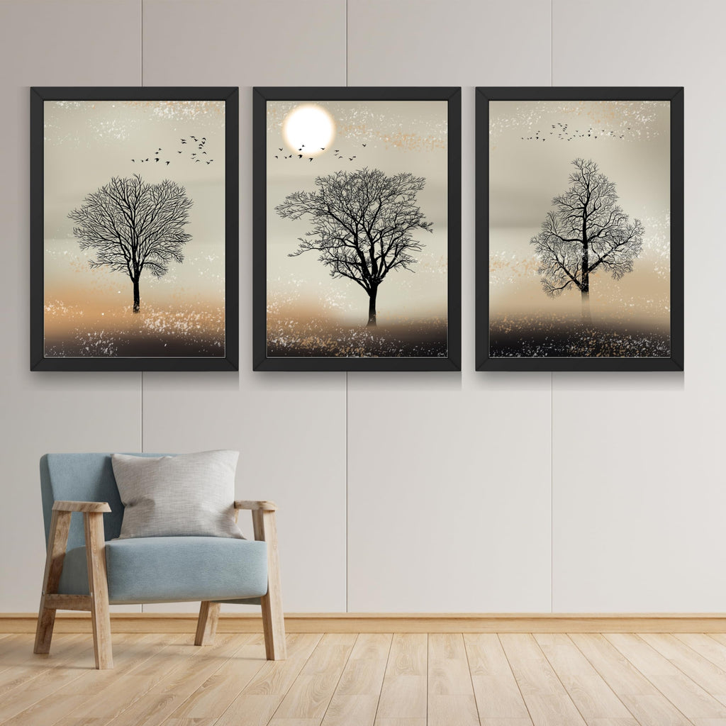 CRAFT QUEST Nature Inspired Landscape With Black Trees Modern Wall Art | Set of 3 Frames for Home Decoration | Ideal for Living Room, Bedroom & Office