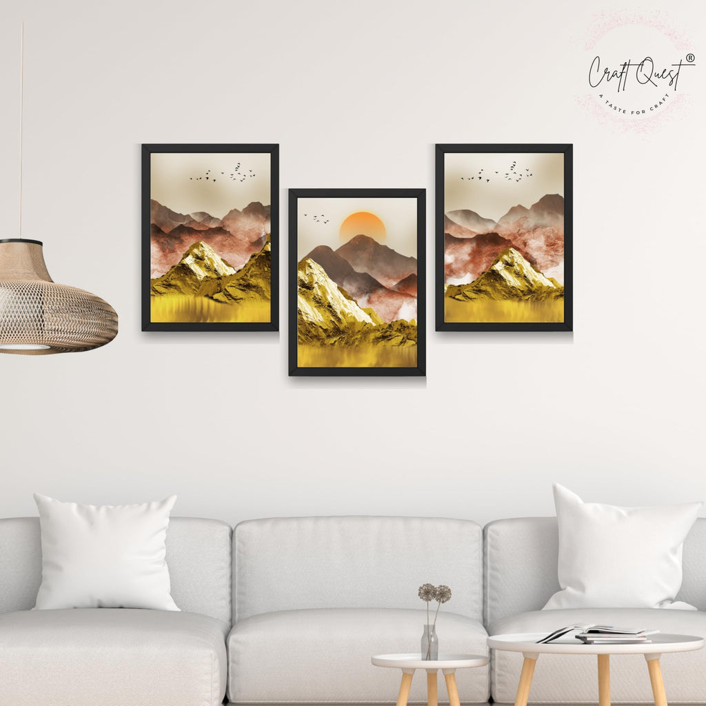 CRAFT QUEST Modern Art Mural Landscape Golden Mountains & Birds Wall Art | Set of 3 Frames for Home Decoration | Ideal for Living Room, Bedroom & Offices