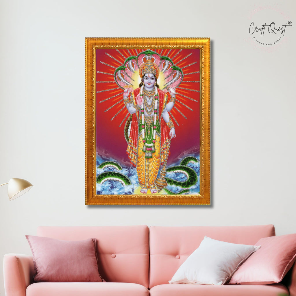 CRAFT QUEST Lord Vishnu Bhagwan Narayan Murti Mahavishnu Wall Painting Framed Home Décor, Religious Photo Frame