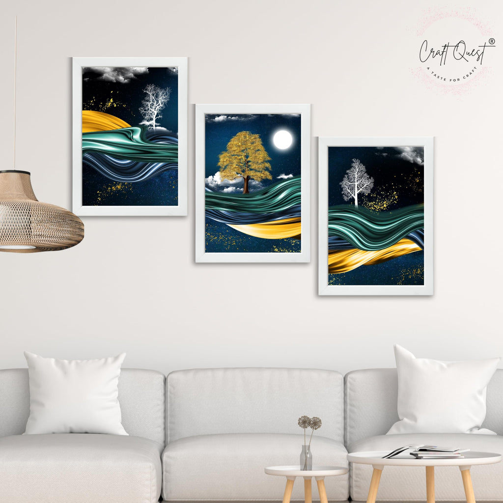CRAFT QUEST Modern Art With Dark Blue Background & Golden Tree Wall Art | Set of 3 Frames for Home Decoration | Ideal for Living Room, Bedroom & Offices