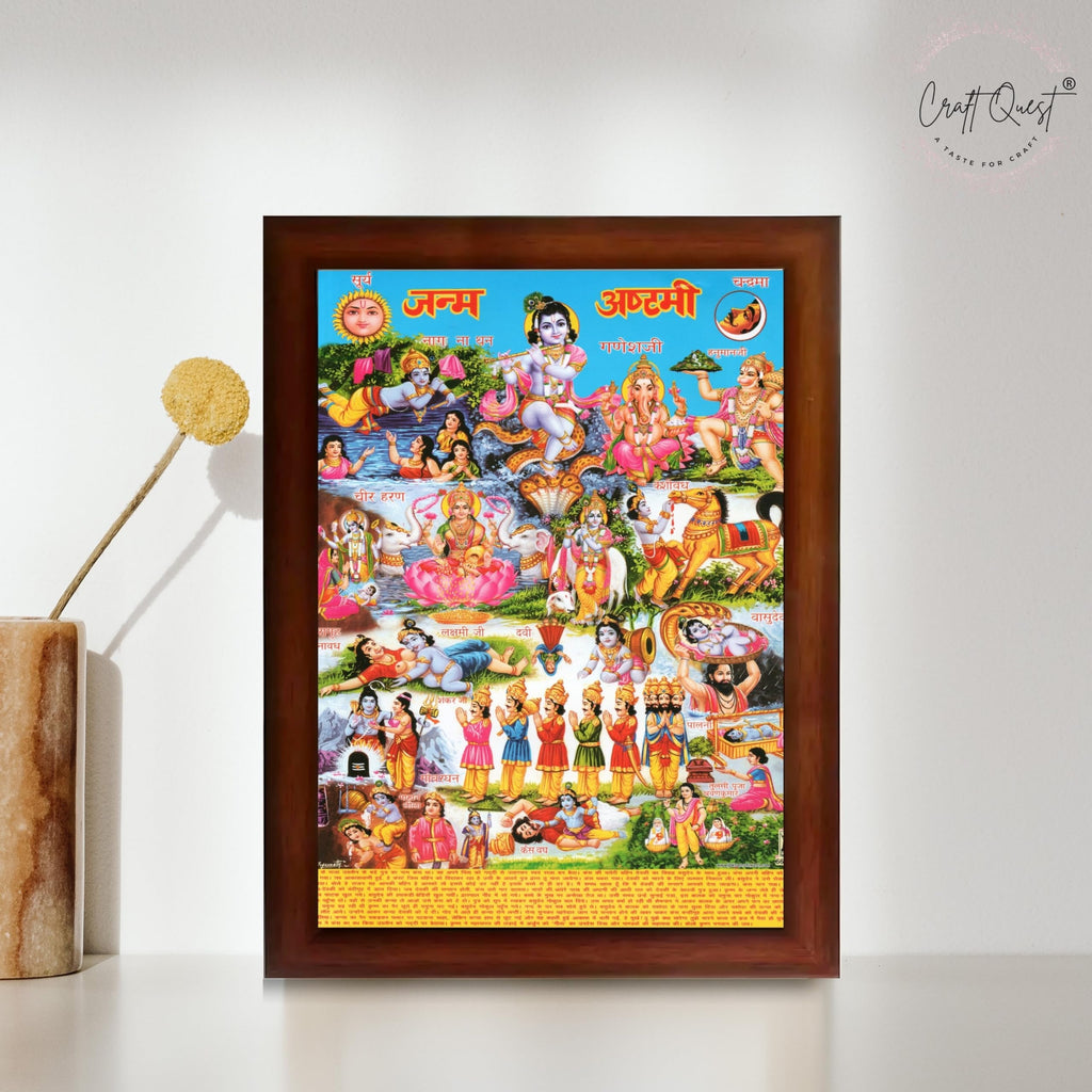 CRAFT QUEST Krishna Janmashtami Photo with Frame, Janmashtami Painting, Hindu God Wall Art, Spiritual Photo for Home Decor, Pooja Room,