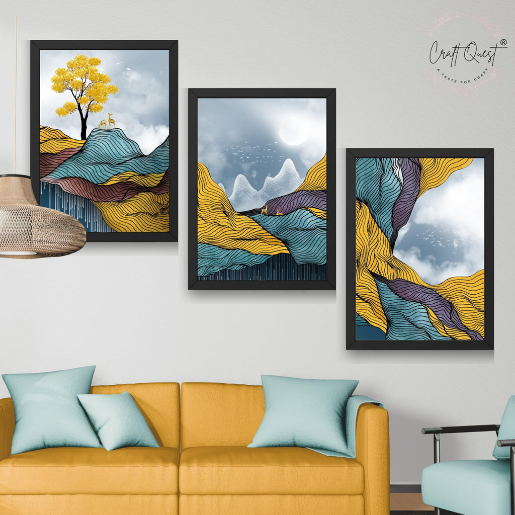 CRAFT QUEST Modern Abstract Landscape Art | Set of 3 Frames for Home Decoration | Ideal for Living Room, Bedroom & Offices