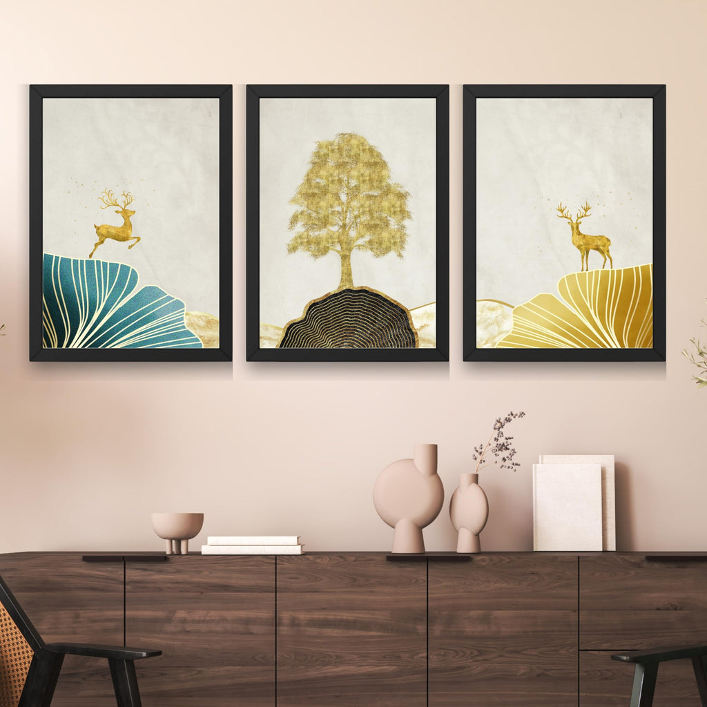 CRAFT QUEST Modern Art Landscape Of Golden Tree & Deer Wall Art | Set of 3 Frames for Home Decoration | Ideal for Living Room, Bedroom & Offices