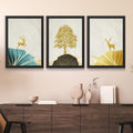 CRAFT QUEST Modern Art Landscape Of Golden Tree & Deer Wall Art | Set of 3 Frames for Home Decoration | Ideal for Living Room, Bedroom & Offices
