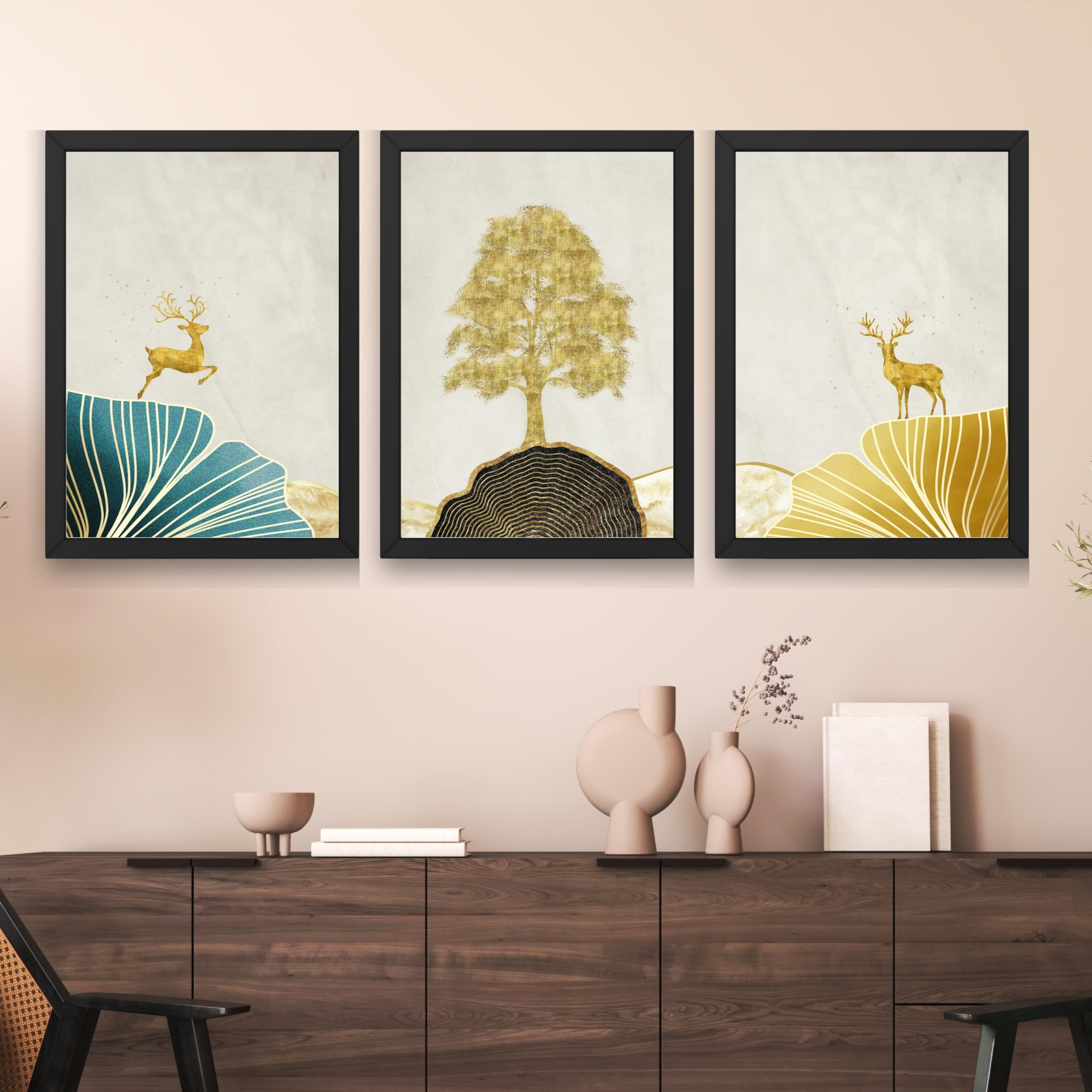 CRAFT QUEST Modern Art Landscape Of Golden Tree & Deer Wall Art | Set of 3 Frames for Home Decoration | Ideal for Living Room, Bedroom & Offices