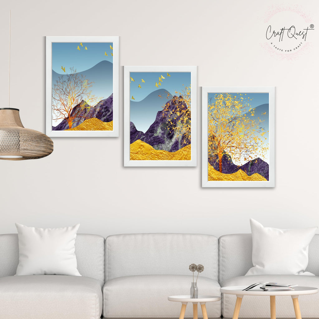 CRAFT QUEST Modern Art Abstract Porch Golden Trees Wall Art | Set of 3 Frames for Home Decoration | Ideal for Living Room, Bedroom & Offices