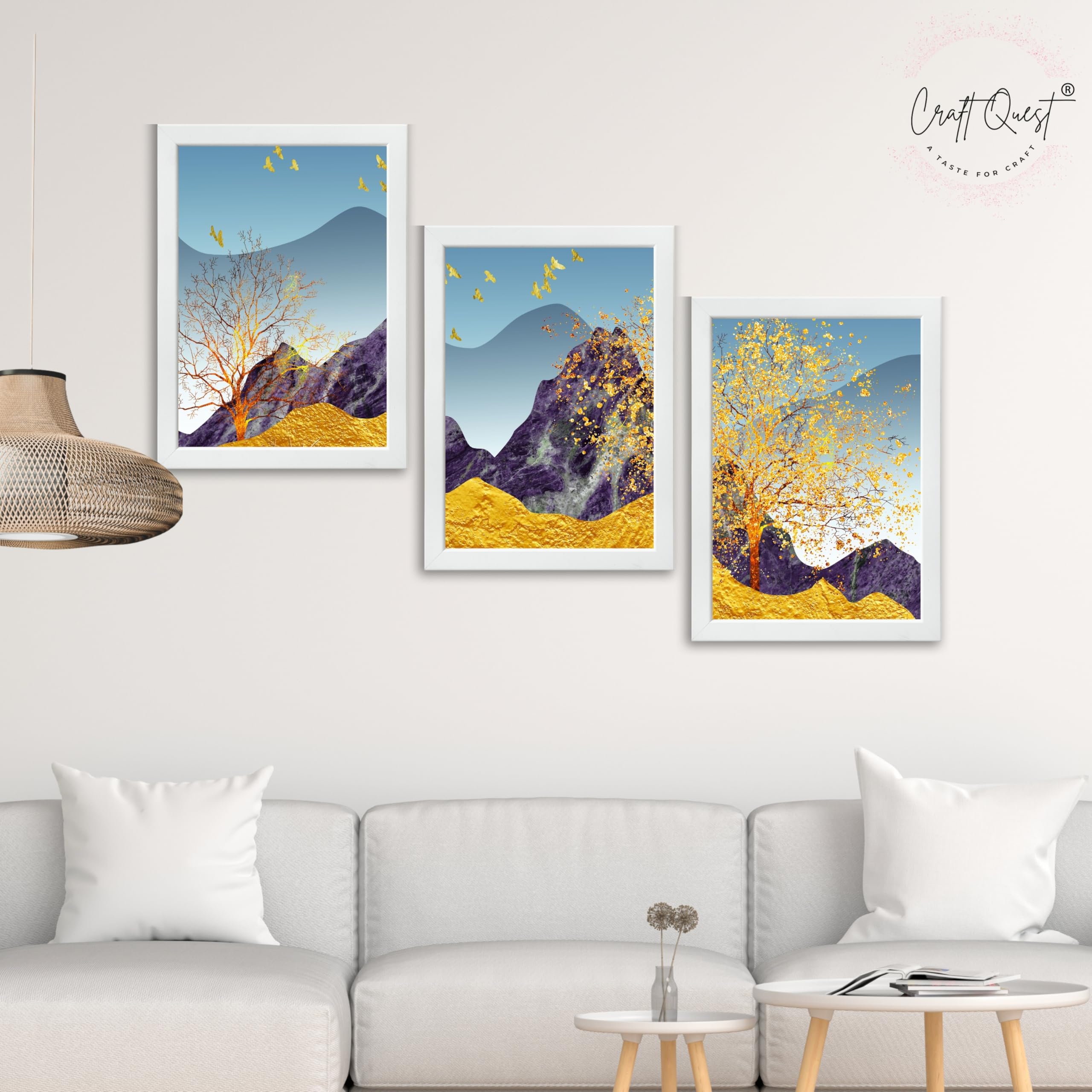 CRAFT QUEST Modern Art Abstract Porch Golden Trees Wall Art | Set of 3 Frames for Home Decoration | Ideal for Living Room, Bedroom & Offices