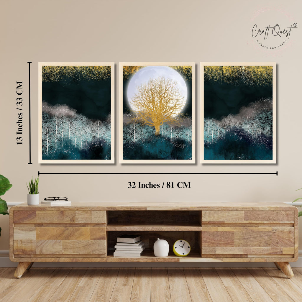 CRAFT QUEST Modern Art Christmas Trees & Mountains Landscape Wall Art | Set of 3 Frames for Home Decoration | Ideal for Living Room, Bedroom & Offices