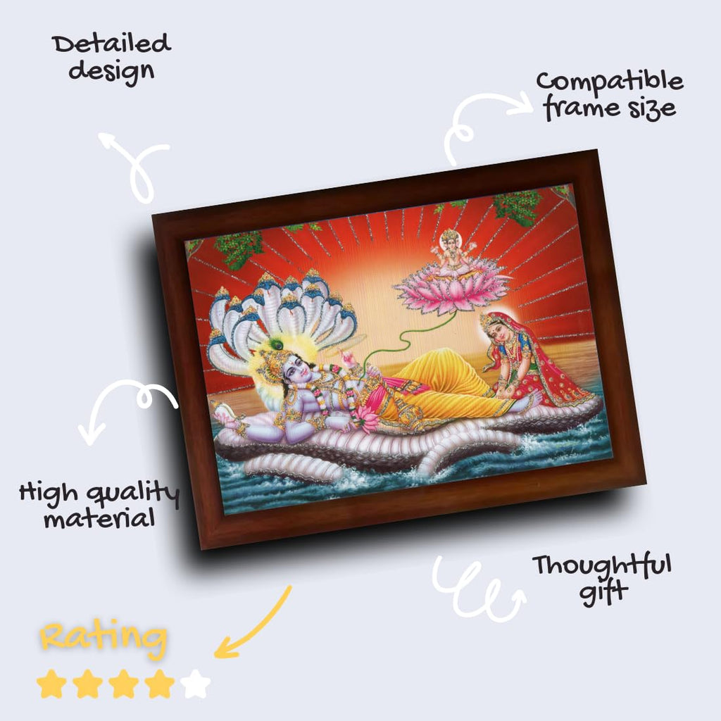 Craft Quest Lord Vishnu and Goddess Lakshmi Giving Blessing on Shesh naag, landscape, Glitter Work Painting with Plane Brown Frame (10 X 14 Inches, Brown Synthetic)