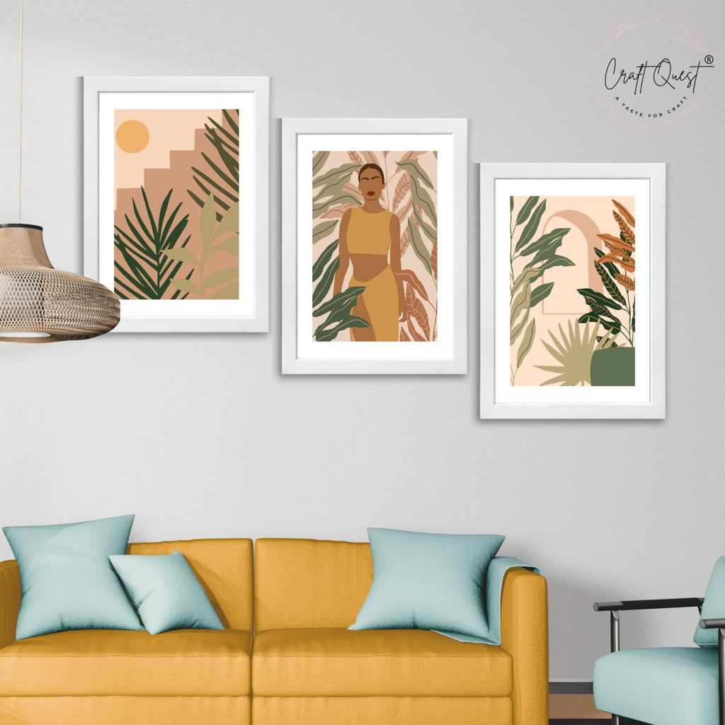 CRAFT QUEST Beautiful Abstract Of American Woman & Tropical Leaves Wall Art | Set of 3 Frames for Home Decoration | Ideal for Living Room, Bedroom & Offices