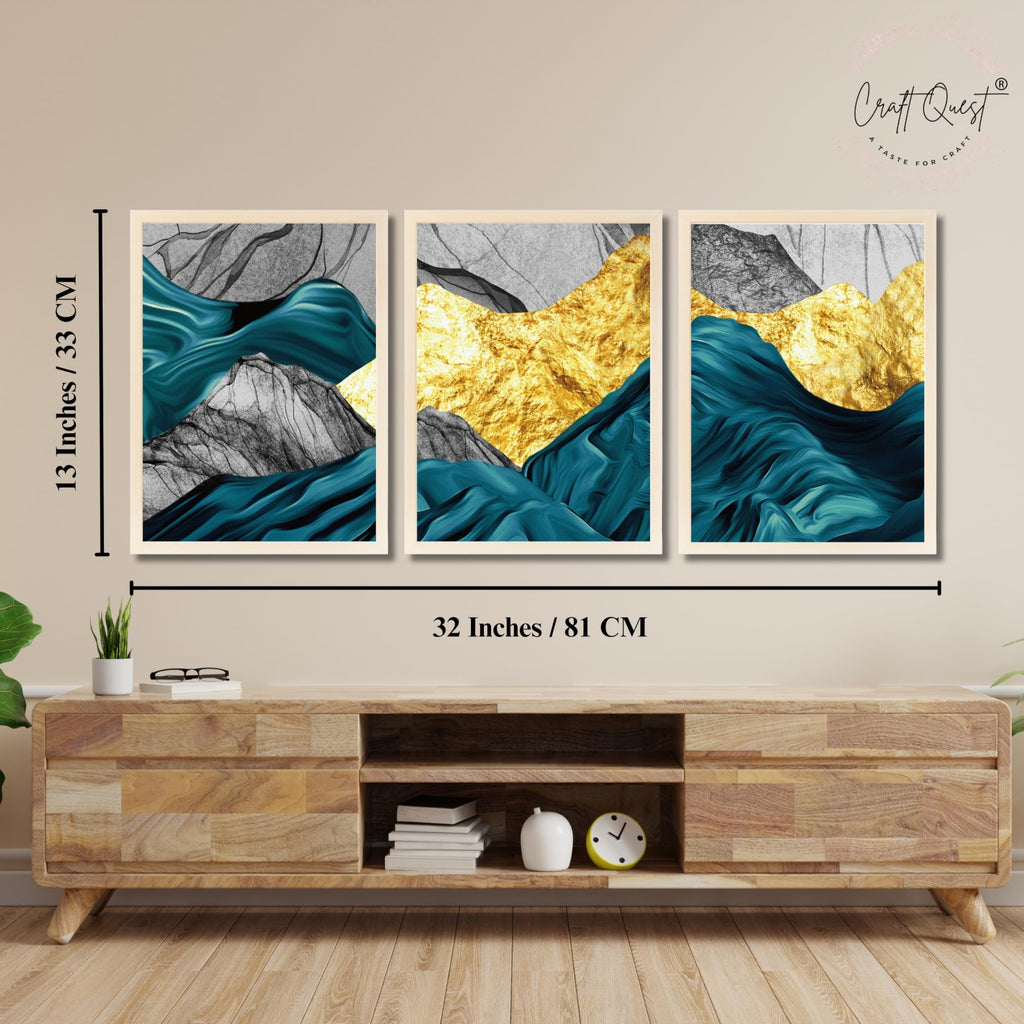 CRAFT QUEST Modern Art Abstract Golden Fashion Wall Art | Set of 3 Frames for Home Decoration | Ideal for Living Room, Bedroom & Offices