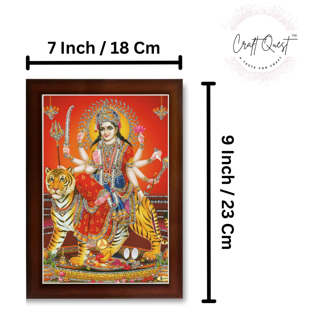 CRAFT QUEST Durga maa photo with BROWN frame, God Religious Framed Painting (Small Size, 8 X 6 Inches)