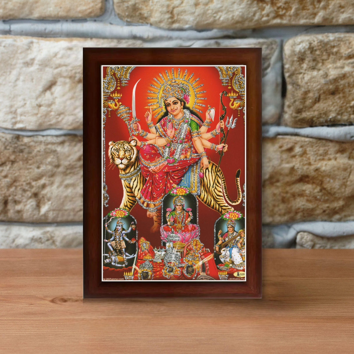 CRAFT QUEST Durga maa photo with BROWN frame, God Religious Framed Painting (Small Size, 8 X 6 Inches) DURGA0608-207B