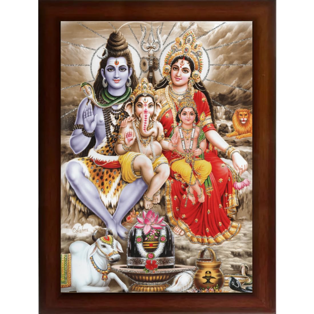 CRAFT QUEST Shiv Parivar (Shiv Shankar, Maa Parvati, Ganesh and Kartikey) Religious Sparkle Coated,Synthetic, Photo Frame for Pooja (14 X 10 inch, Multicolour)