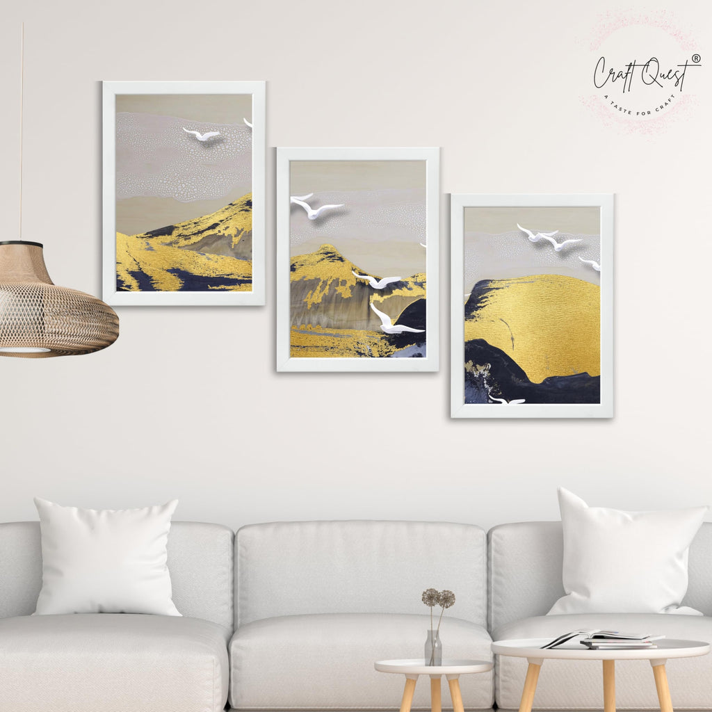 CRAFT QUEST Modern Art Abstract Porch Golden Wall Art | Set of 3 Frames for Home Decoration | Ideal for Living Room, Bedroom & Offices