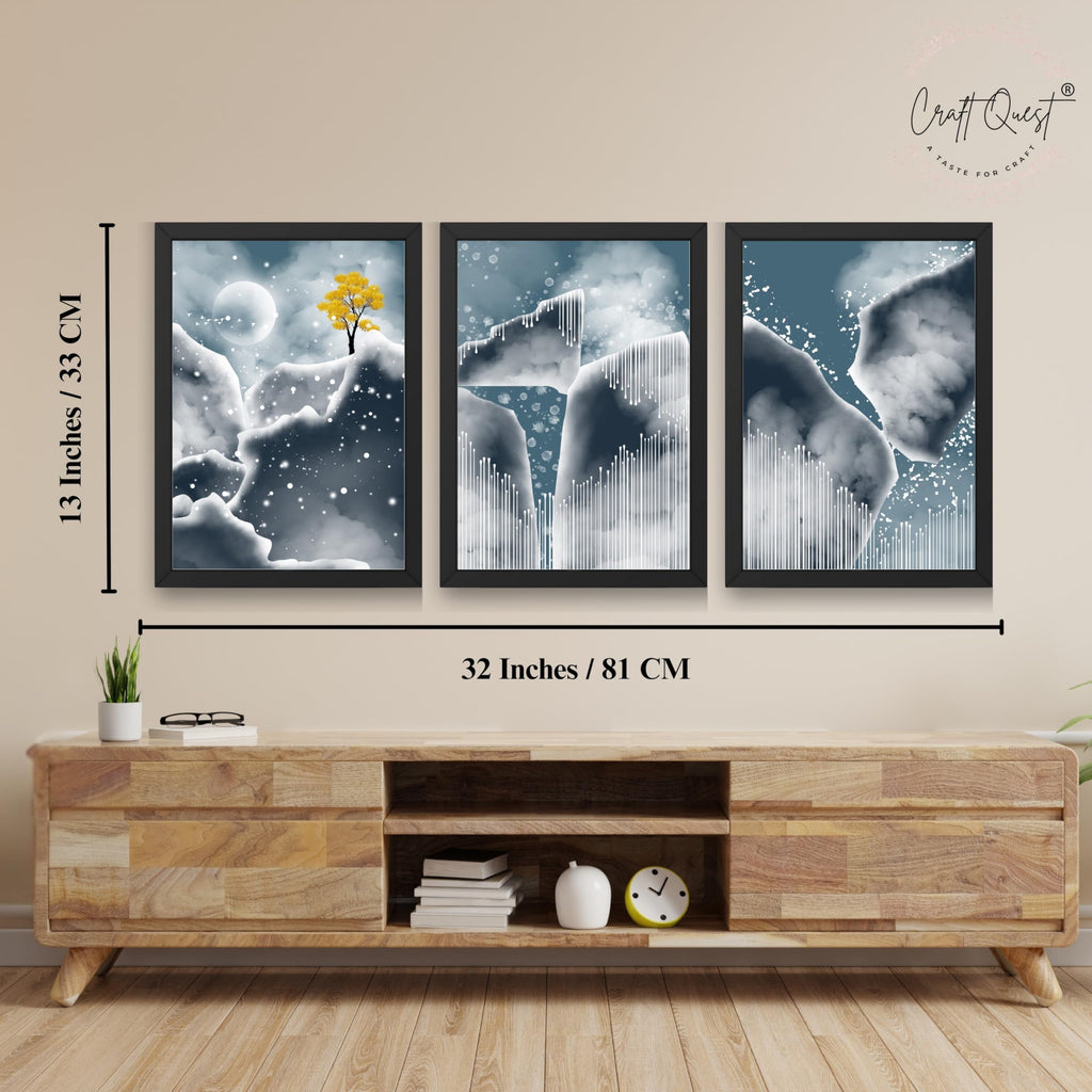 CRAFT QUEST Modern Art Abstract Blue Landscape Wall Art | Set of 3 Frames for Home Decoration | Ideal for Living Room, Bedroom & Offices