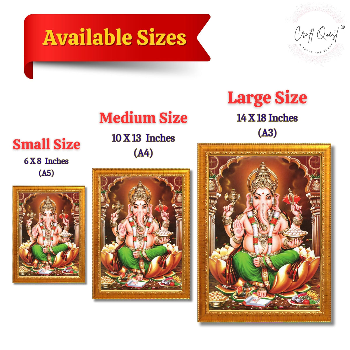 CRAFT QUEST Lord Ganesh Ganpati Photo Frame, Painting For Every House, Office, Temple, Blessing Hindu,Gift Item, Wall Decor