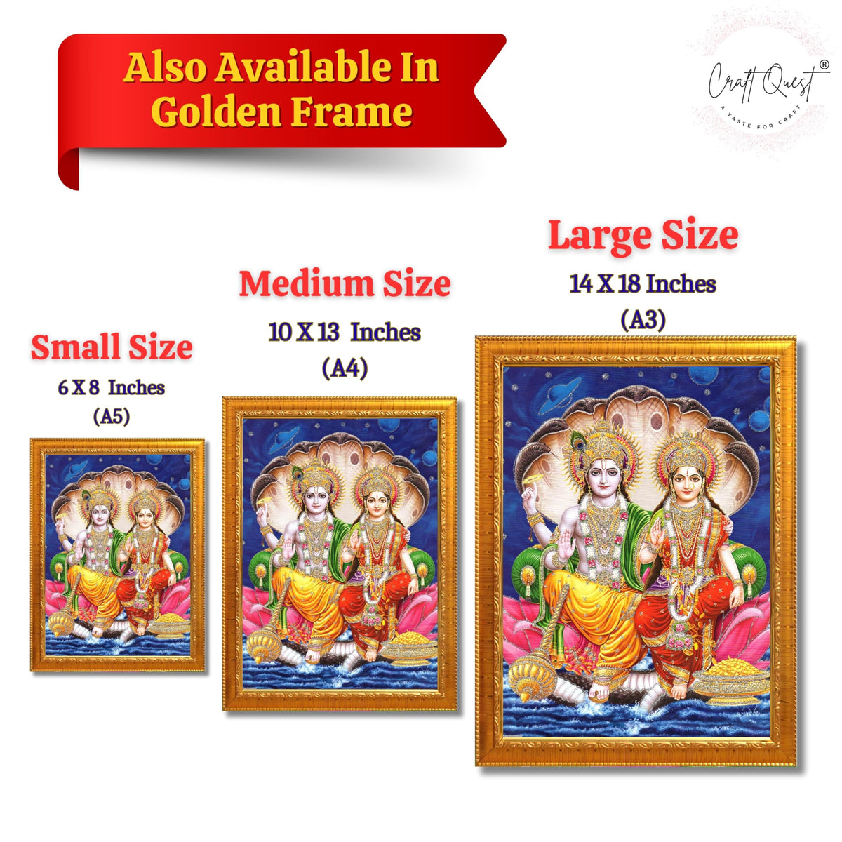 CRAFT QUEST Lord Vishnu and Goddess Lakshmi Giving Blessing on Shesh naag, Glitter Work Painting Synthetic Wood Frame