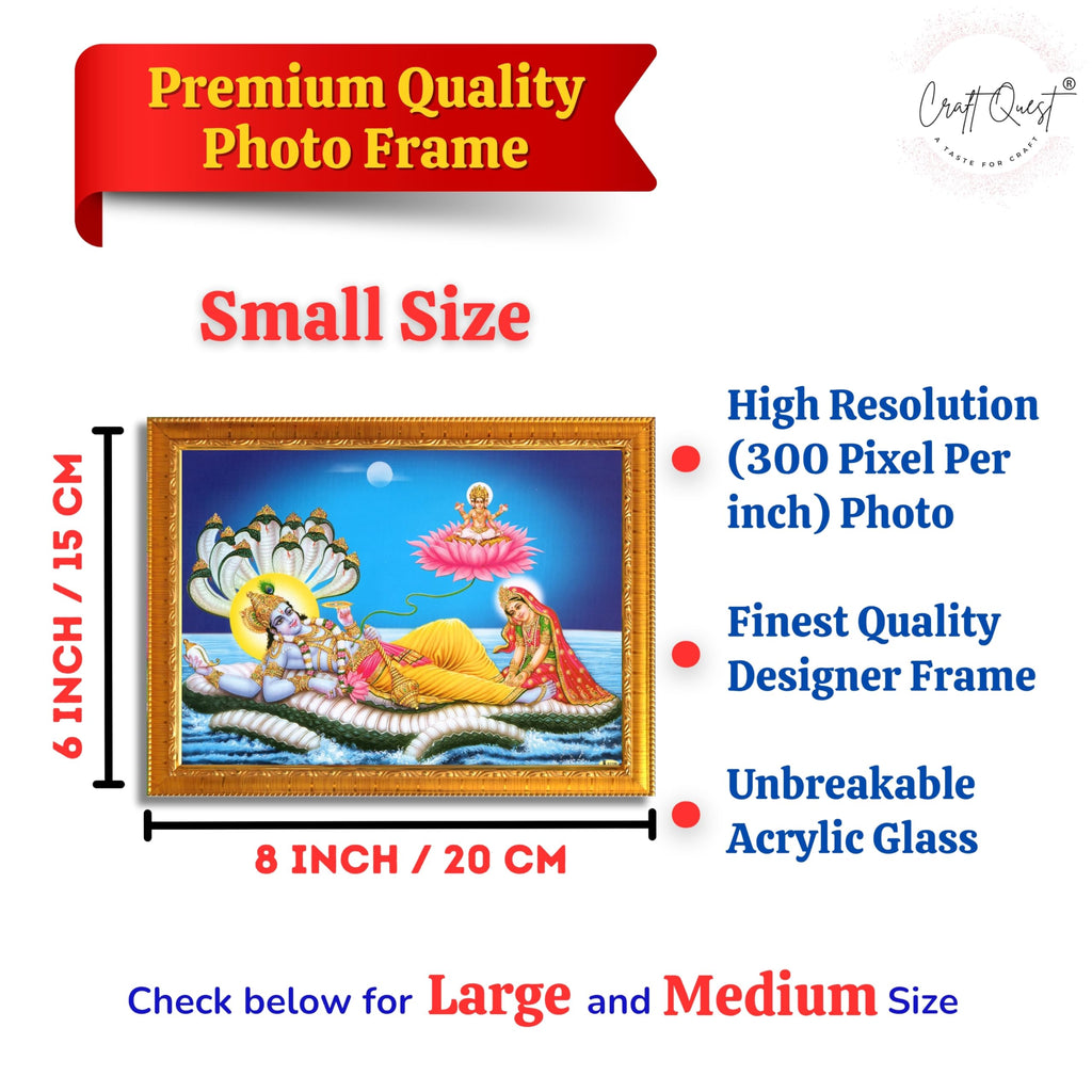 CRAFT QUEST Lord Vishnu and Goddess Lakshmi Giving Blessing on Shesh naag, landscape Glitter Painting with Golden Synthetic Frame