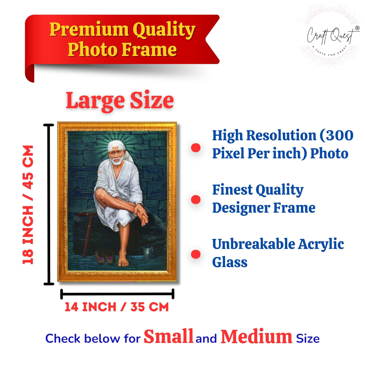 CRAFT QUEST Saibaba Sai Baba Shirdi Sainath Wall Painting Framed Home Décor, Ideal for Home, Office, Temple & Puja Room, Wall Decor