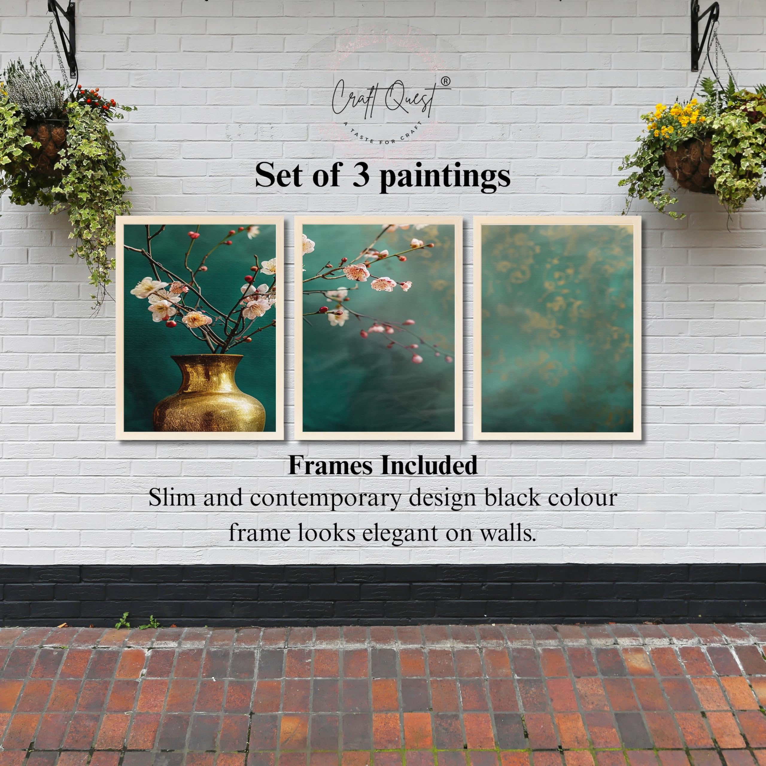 CRAFT QUEST Nature Inspired Flowers In Vase Modern Wall Art | Set of 3 Frames for Home Decoration | Ideal for Living Room, Bedroom & Offices