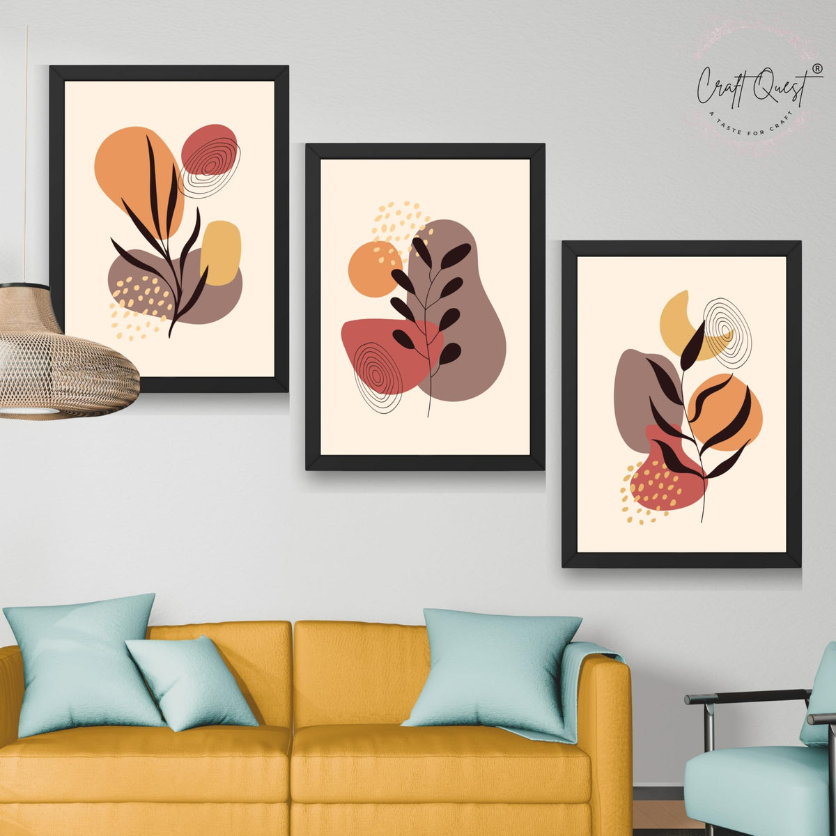 CRAFT QUEST Wall Art Decor Paintings | Set of 3 BOHO Wall Art Frames for Home Decoratio | Ideal for Living Room, Office & Bedrooms