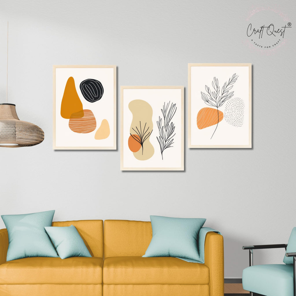 CRAFT QUEST Organic Abstract Line Art Modern Art | Set of 3 Frames for Home Decoration | Ideal for Living Room, Bedroom & Offices