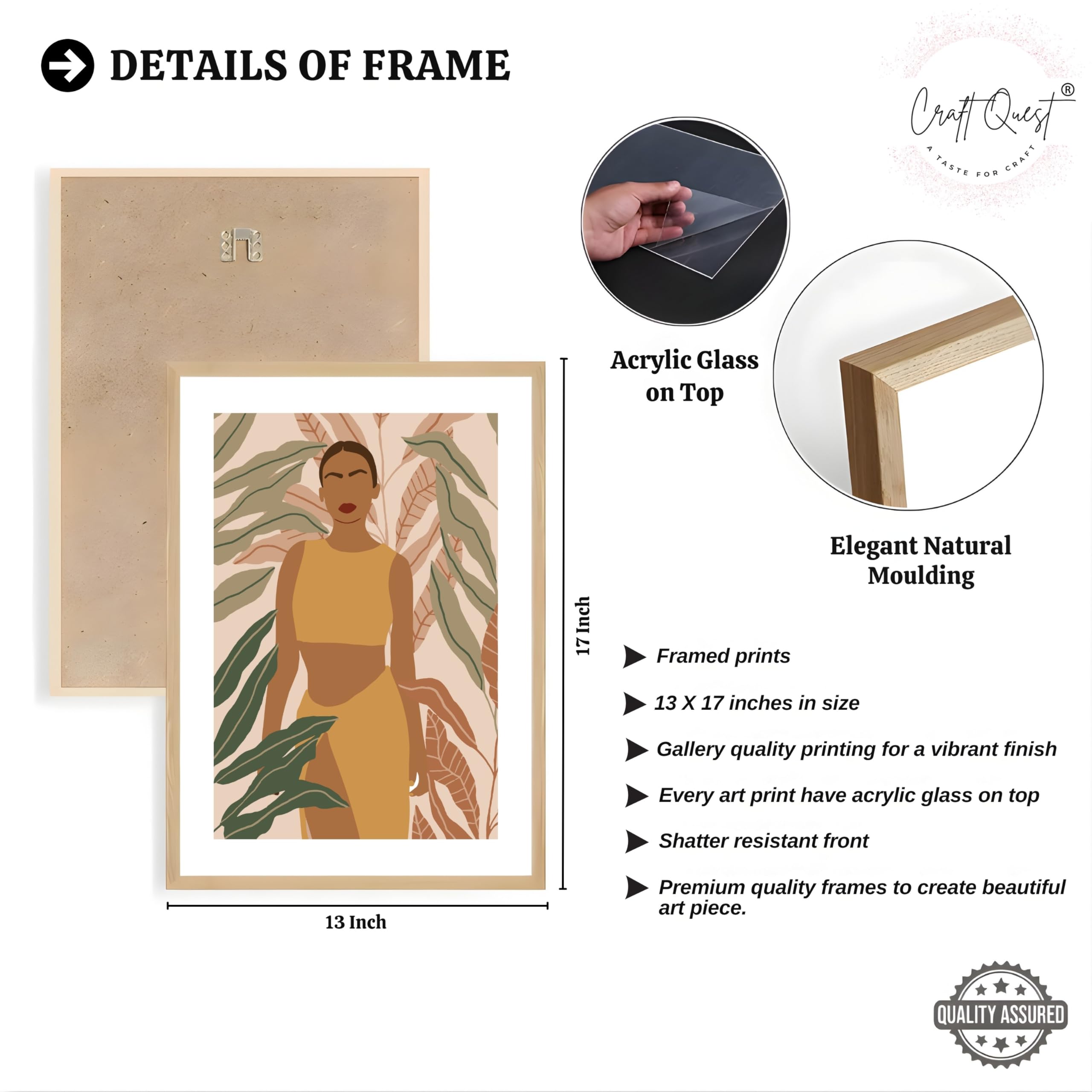 CRAFT QUEST Beautiful Abstract Of American Woman & Tropical Leaves Wall Art | Set of 3 Frames for Home Decoration | Ideal for Living Room, Bedroom & Offices