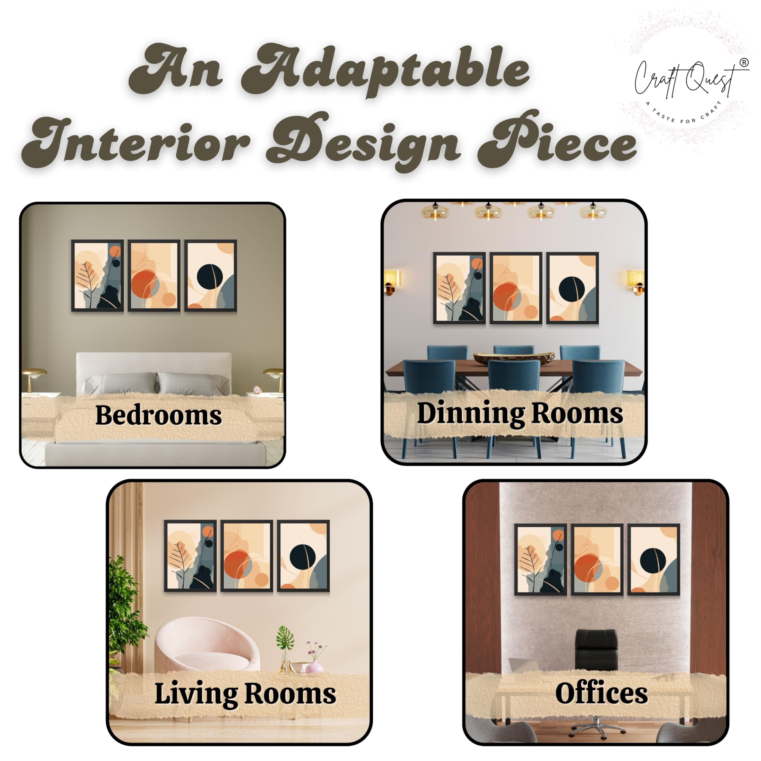 CRAFT QUEST Wall Art Decor Paintings | Set of 3 BOHO Wall Art Frames for Home Decoration | Ideal for Living Room, Officess & Bedrooms