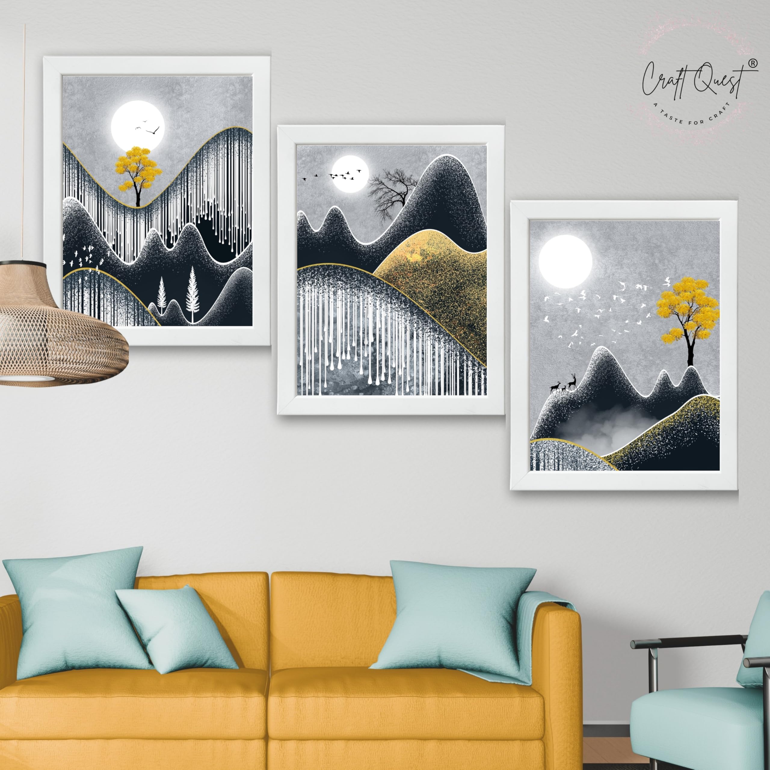 CRAFT QUEST Abstract Art Geometric Figures Decorative Murals | Set of 3 Frames for Home Decoration | Ideal for Living Room, Bedroom & Offices