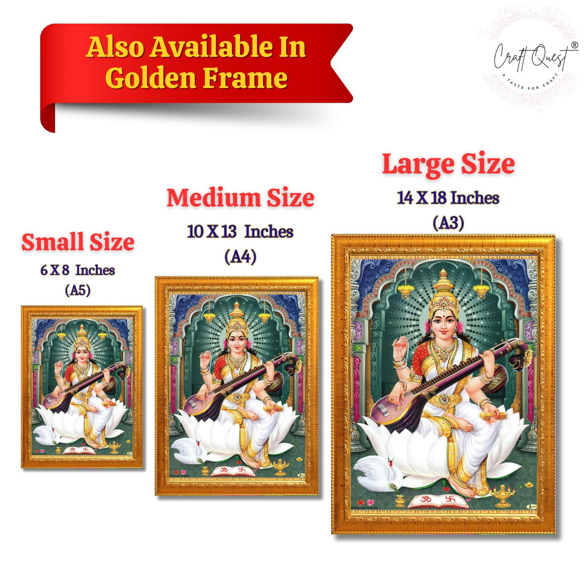 CRAFT QUEST Saraswati Devi Goddess Saraswathi Maa Wall Painting Sparkle Coated Framed Home Décor Synthetic wood
