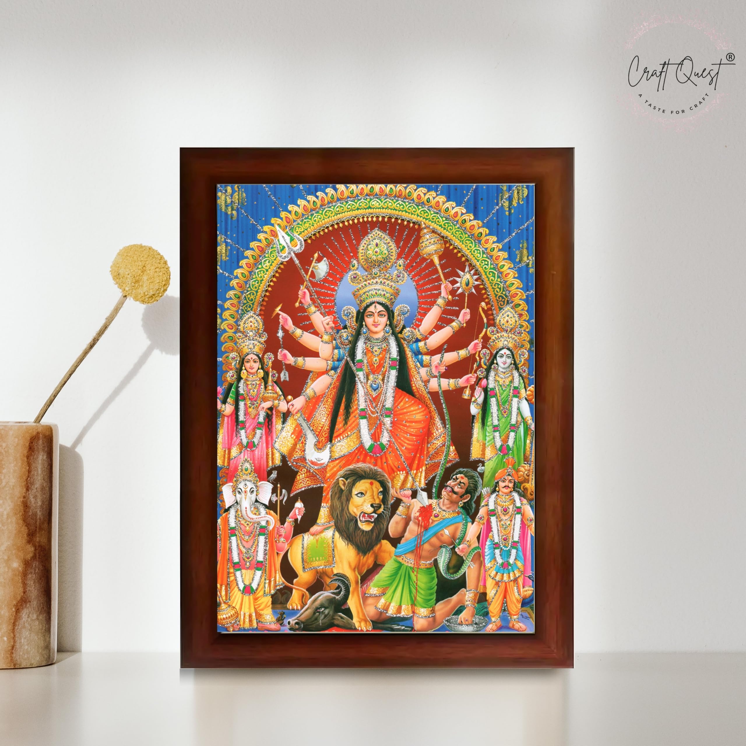 CRAFT QUEST Durga mata Mahishasura Mardini | Mahisasur Mardhini Durga Wall Painting Framed, Goddess Religious Painting
