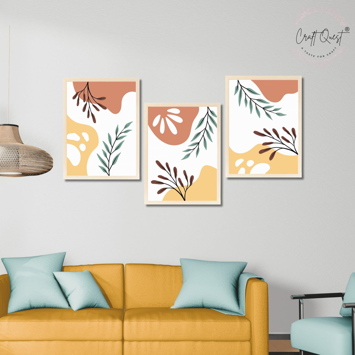 CRAFT QUEST Wall Art Decor Paintings | Set of 3 BOHO Wall Art Frames for Home Decoratio | Ideal for Living Room, Bedrooms & Offices