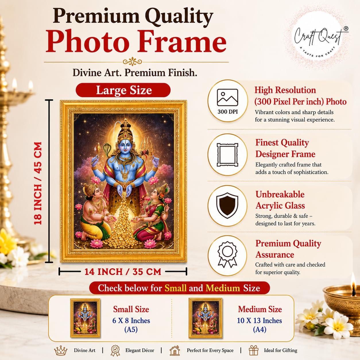 CRAFT QUEST Swarnakarshana Bhairava Swamy With Lakshmi Devi and Kuber Bhagwan Religious Wall Photo Frame |Dhan Bhairav Frame for Home, Office, Temple & Gifting