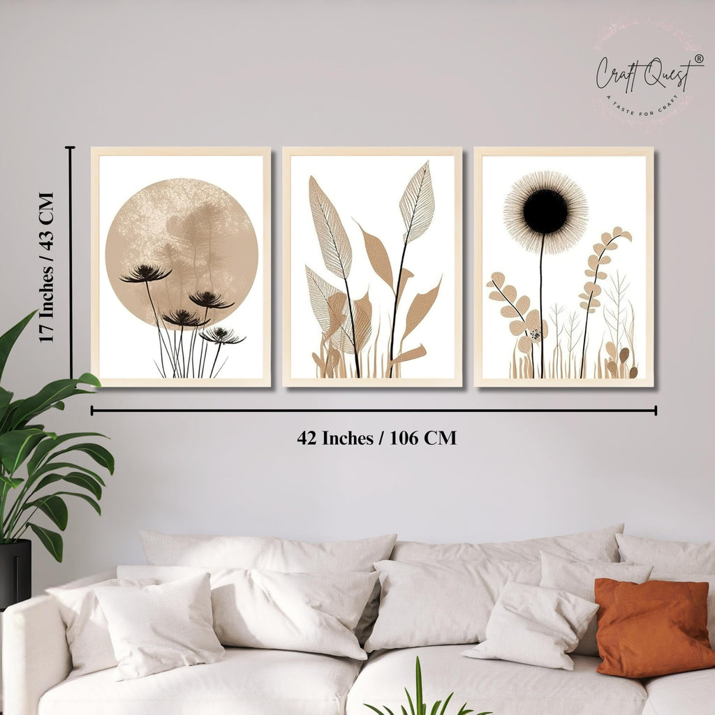 CRAFT QUEST Boho Minimalist Abstract Wall Art | Set of 3 Frames for Home Decoration | Ideal for Living Room, Bedroom & Offices