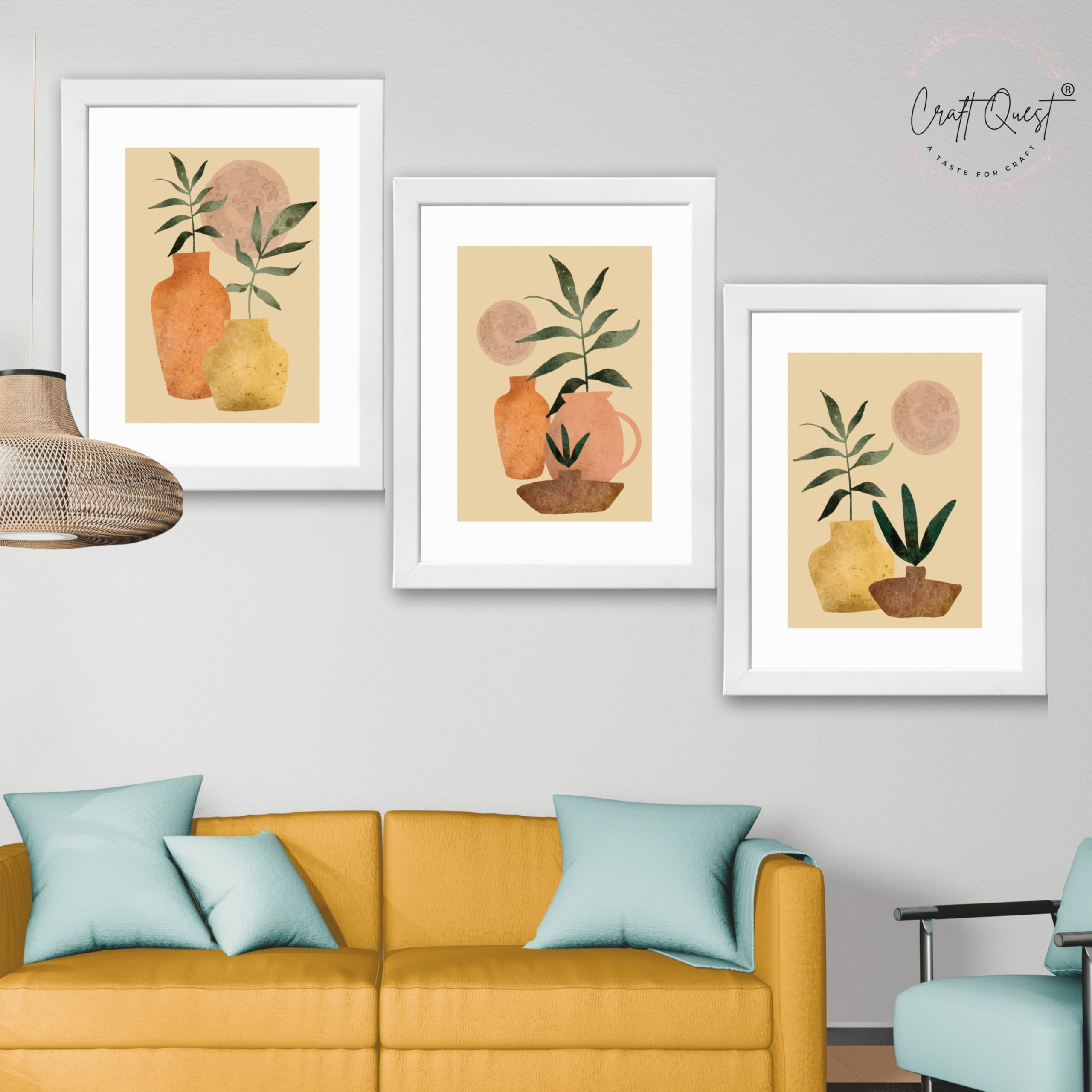 CRAFT QUEST Wall Art Decor Paintings | Set of 3 BOHO Wall Art Frames for Home Decoration | Ideal for Living Room, Bedroom & Office
