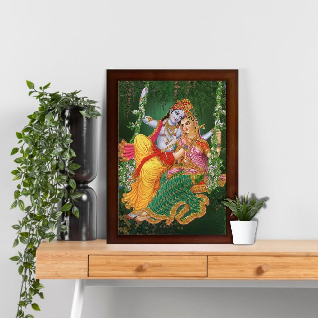 CRAFT QUEST Radha Krishna Sparkle Coated Home Decorative Gift Item Framed Painting with Acrylic glass (10 X 14 Inches, Brown) RK1013-115