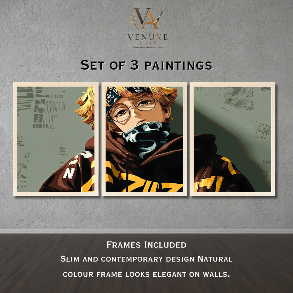 VENUXE ARTS Set Of 3 Anime Characters Wall Framed |Anime Characters Framed Poster for Living Room Bedroom Gaming Room Studio Wall Decor