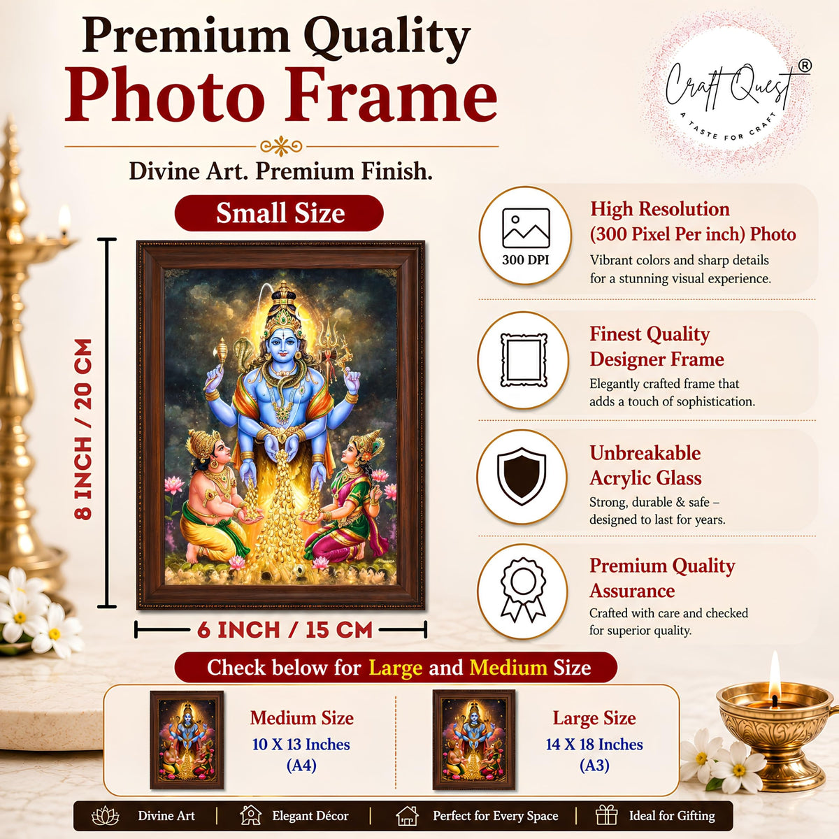 CRAFT QUEST Lord Swarnakarshana Bhairava Swamy With Lakshmi Devi and Kuber Bhagwan Religious Wall Photo Frame |Dhan Bhairav Frame for Home, Office, Temple & Gifting