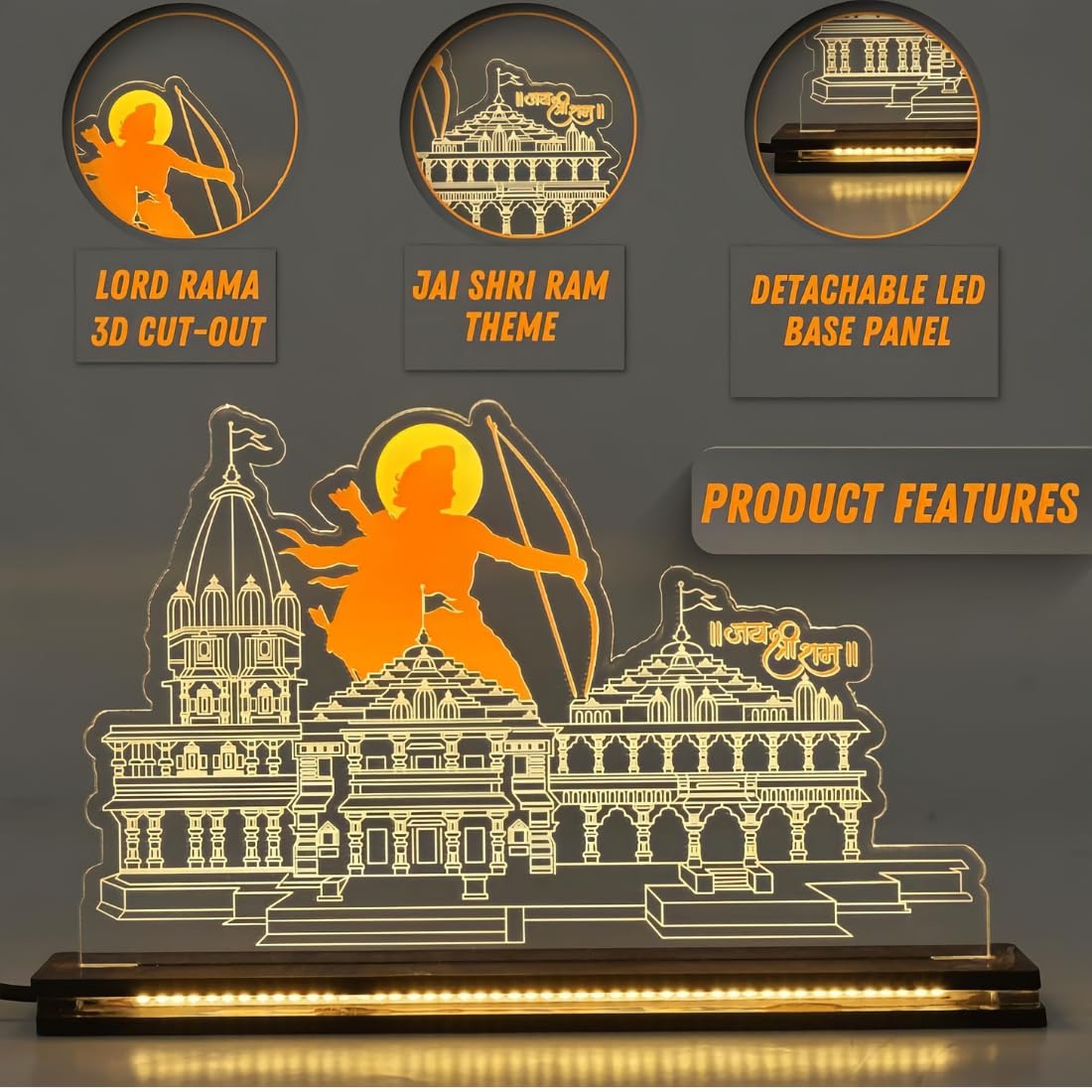 Craft Quest Shri Ram Mandir Ayodhya Model 2024 Photo Frame with LED Light Base - Table Top, 2D HD UV Acrylic Print - Unique Gifting, Home Decoration