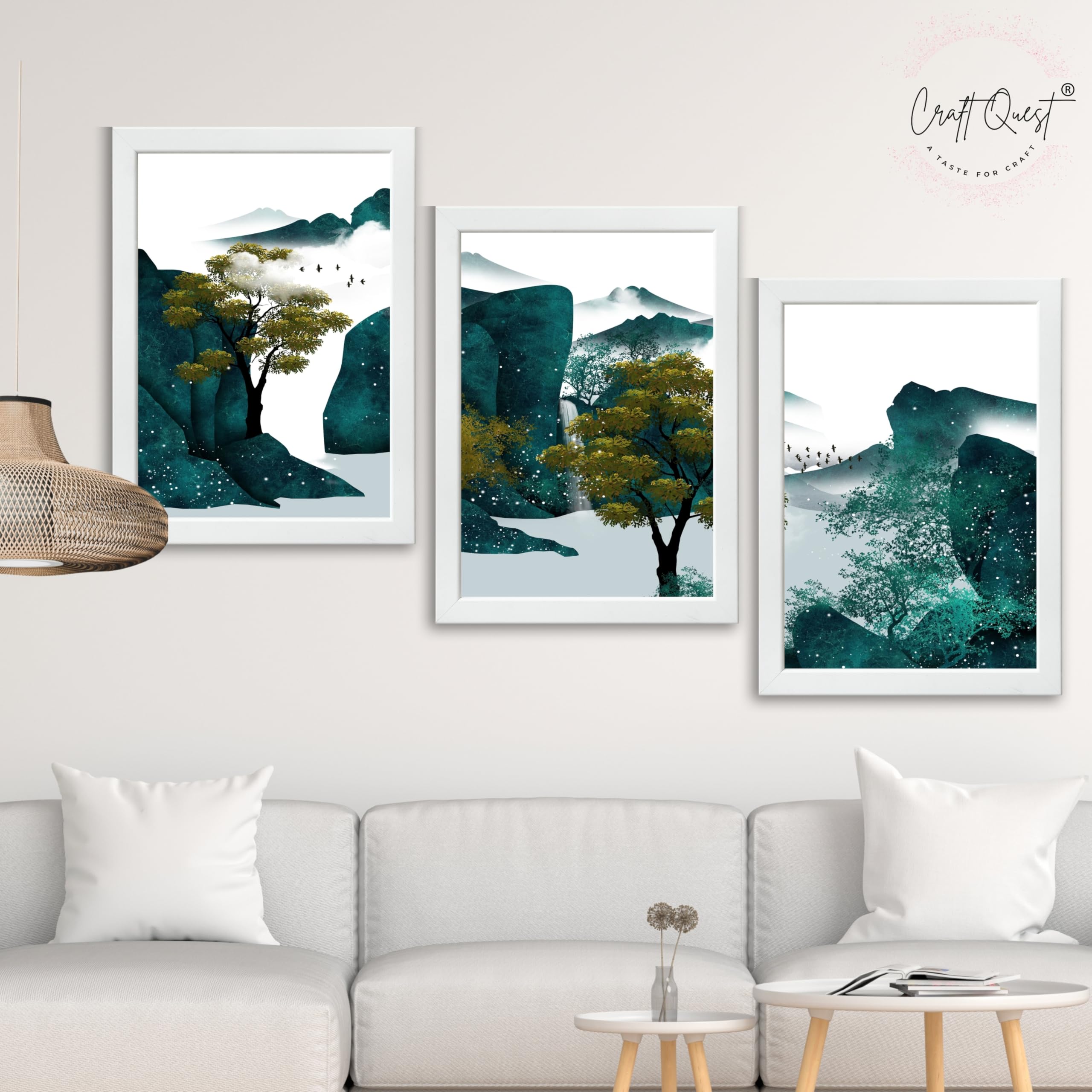 CRAFT QUEST Modern Art Ink Landscape Wall Art | Set of 3 Frames for Home Decoration | Ideal for Living Room, Bedroom & Offices