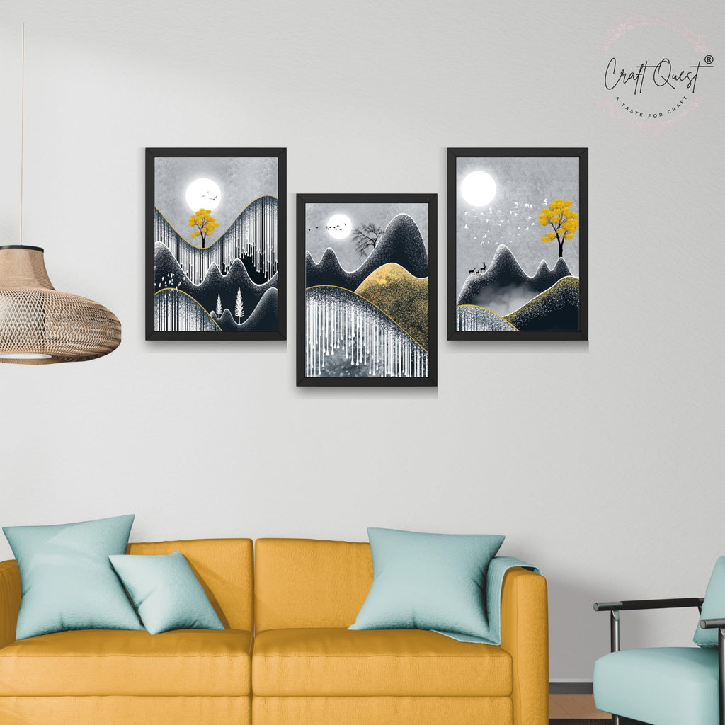 CRAFT QUEST Abstract Art Geometric Figures Decorative Murals | Set of 3 Frames for Home Decoration | Ideal for Living Room, Bedroom & Offices