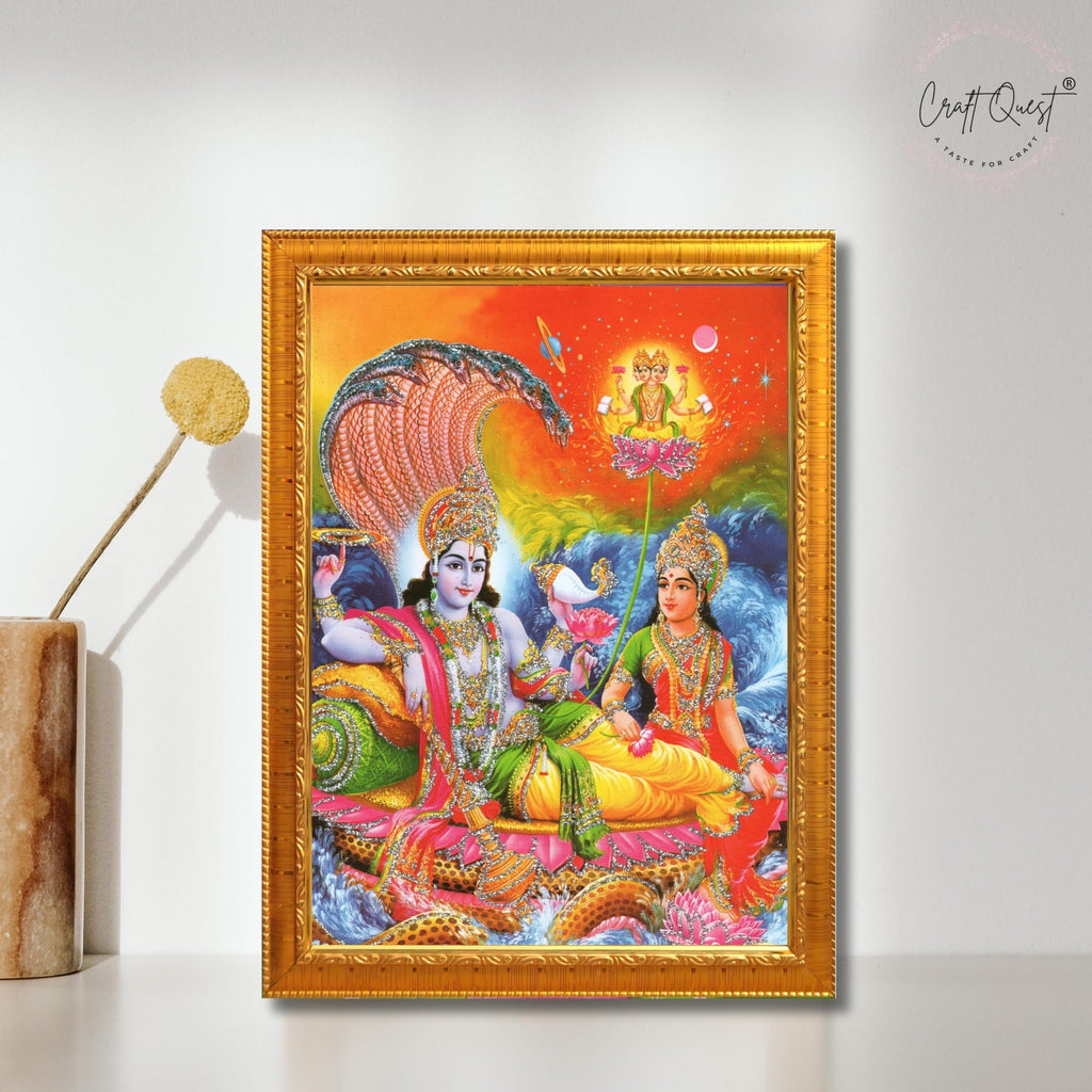 CRAFT QUEST Lord Vishnu Dev Lakshmi Devi Laxmi Narayan Ji Wall Painting Framed Home Décor