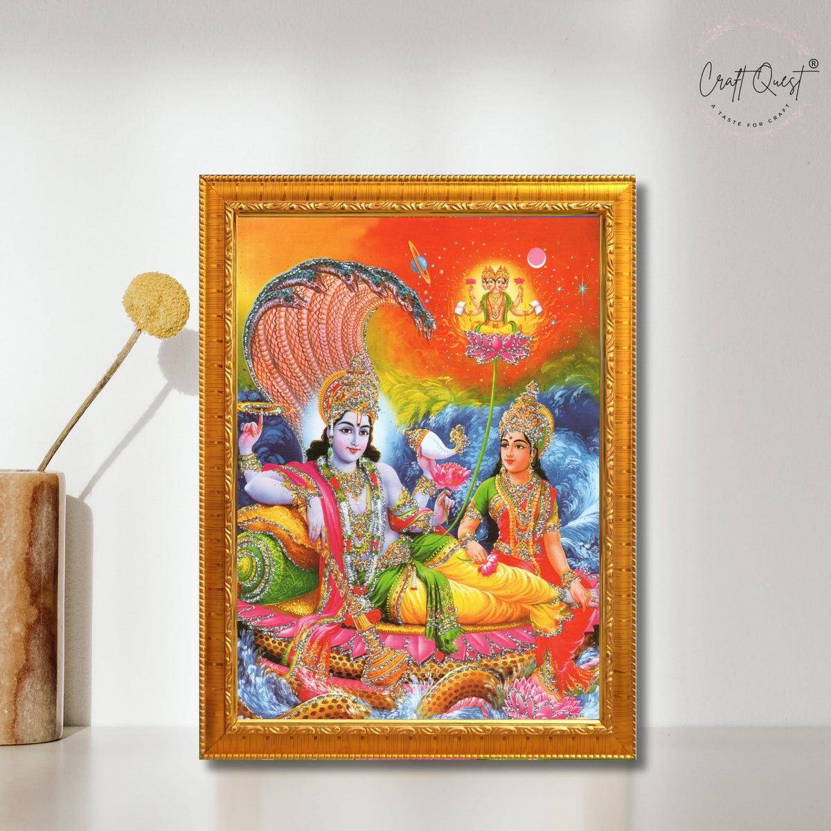 CRAFT QUEST Lord Vishnu Dev Lakshmi Devi Laxmi Narayan Ji Wall Painting Framed Home Décor